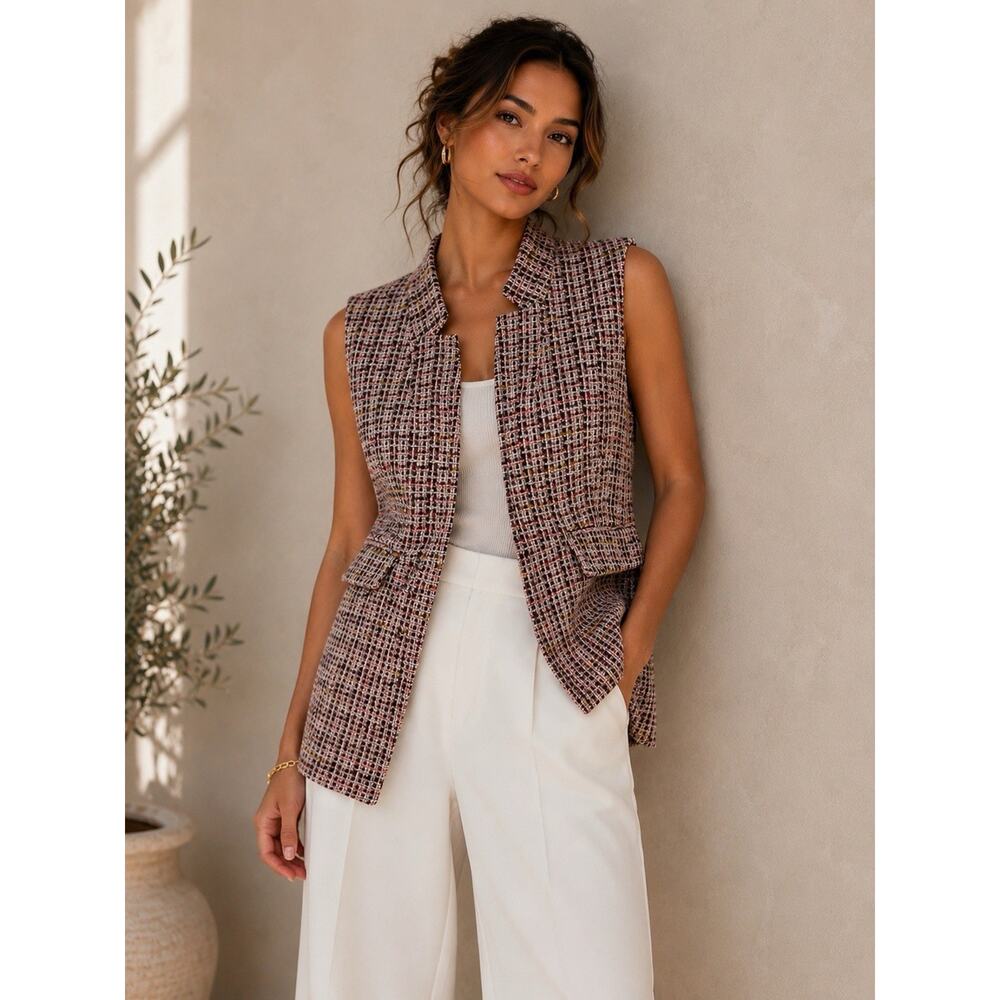 ZARA Pink Tweed Long Vest Blazer Sleeveless Boucle Preppy Chic Size S Old Money